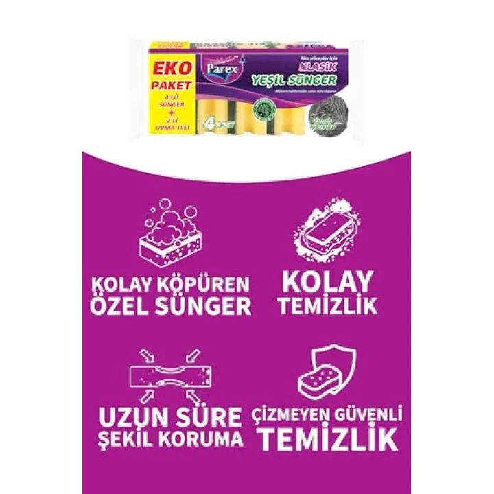 Klasik Yeşil Sünger Oluklu 4lü + 2’li Ovma Teli