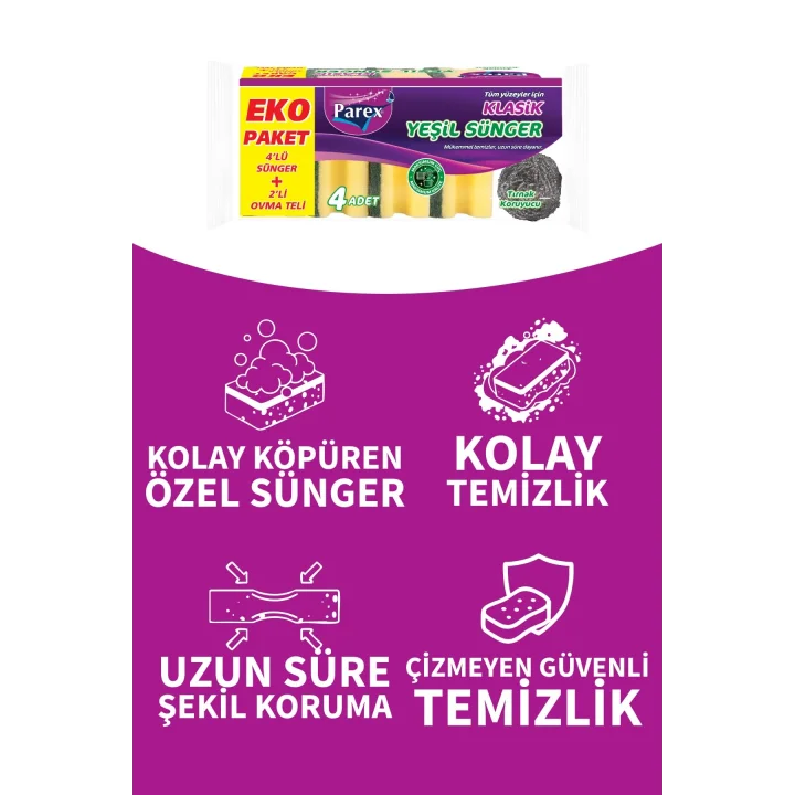 Klasik Yeşil Sünger Oluklu 4lü + 2’li Ovma Teli