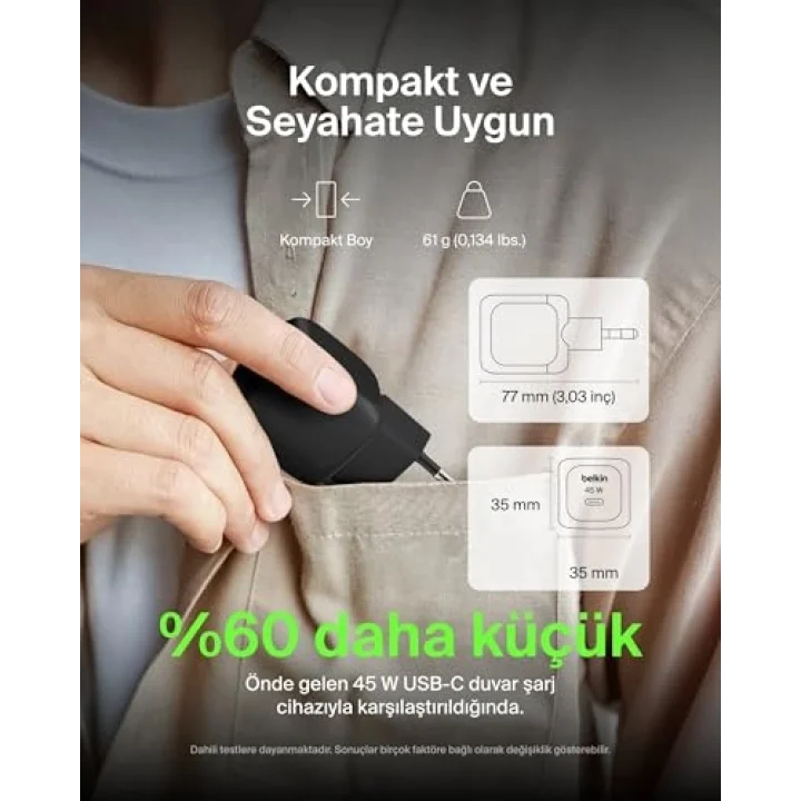 Kompakt Duvar Şarj Cihazı 45 W + USB-C - USB-C Kablosu, Apple iPhone 17, 16, 15, 14, Plus, Pro, Pro Max, Samsung Galaxy S25 Serisi, S24, Pixel 9, iPad, AirPods ve Fazlası için Hızlı Şarj, Siyah