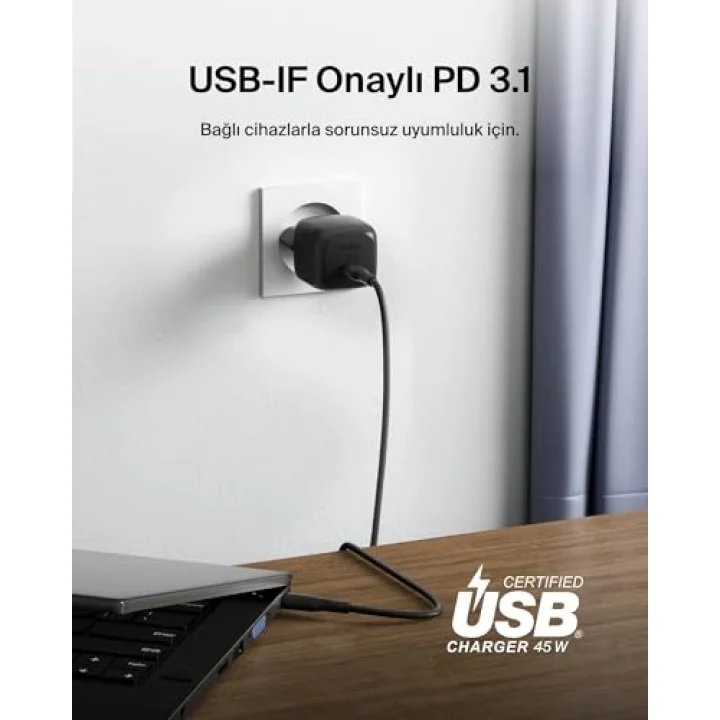 Kompakt Duvar Şarj Cihazı 45 W + USB-C - USB-C Kablosu, Apple iPhone 17, 16, 15, 14, Plus, Pro, Pro Max, Samsung Galaxy S25 Serisi, S24, Pixel 9, iPad, AirPods ve Fazlası için Hızlı Şarj, Siyah