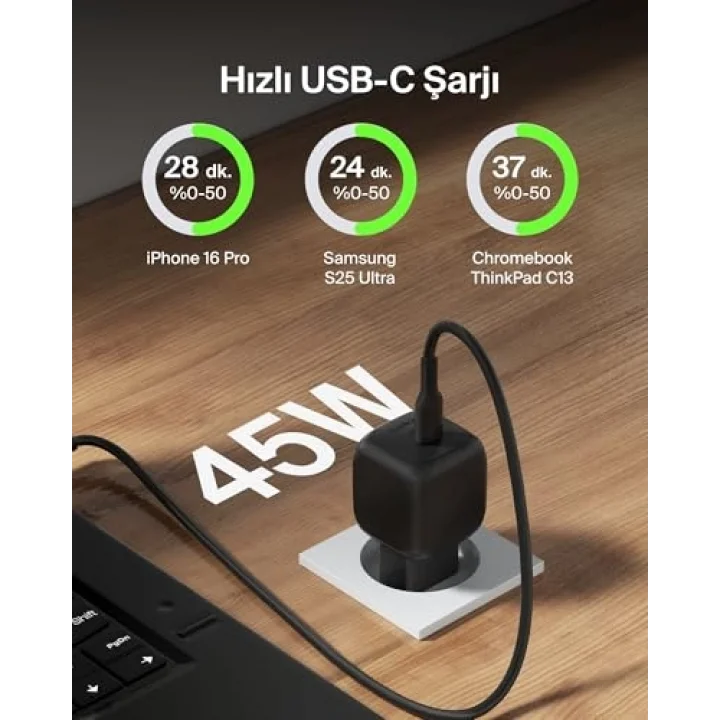 Kompakt Duvar Şarj Cihazı 45 W + USB-C - USB-C Kablosu, Apple iPhone 17, 16, 15, 14, Plus, Pro, Pro Max, Samsung Galaxy S25 Serisi, S24, Pixel 9, iPad, AirPods ve Fazlası için Hızlı Şarj, Siyah
