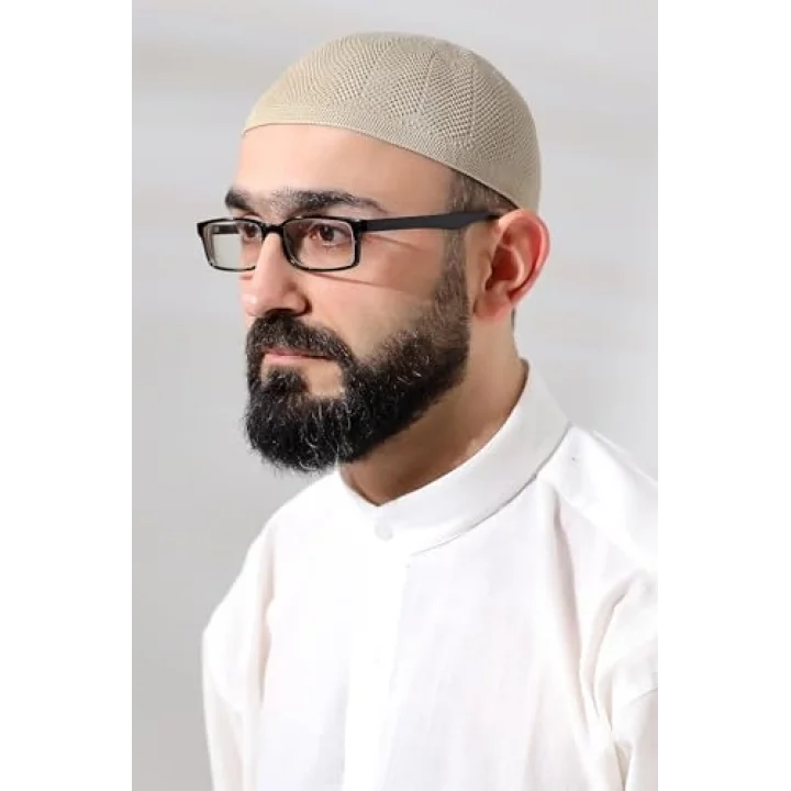 Koyu Krem Safir Dantel Detaylı Örme Namaz Takkesi