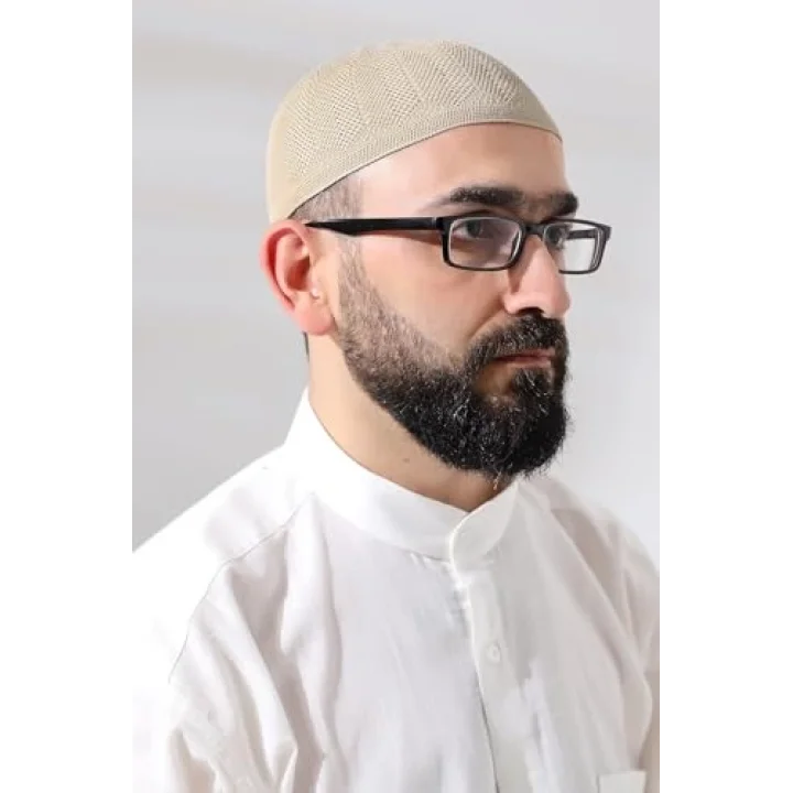 Koyu Krem Safir Dantel Detaylı Örme Namaz Takkesi