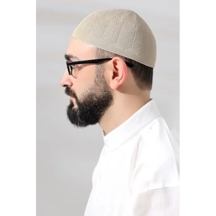 Koyu Krem Safir Dantel Detaylı Örme Namaz Takkesi