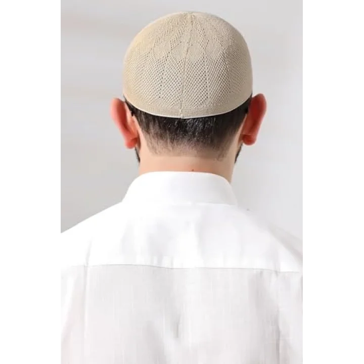 Koyu Krem Safir Dantel Detaylı Örme Namaz Takkesi