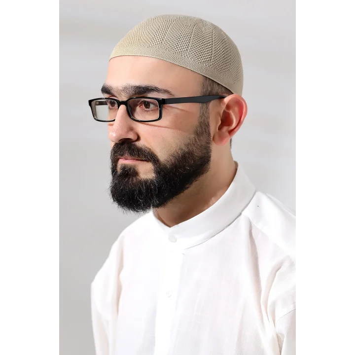 Koyu Krem Safir Dantel Detaylı Örme Namaz Takkesi