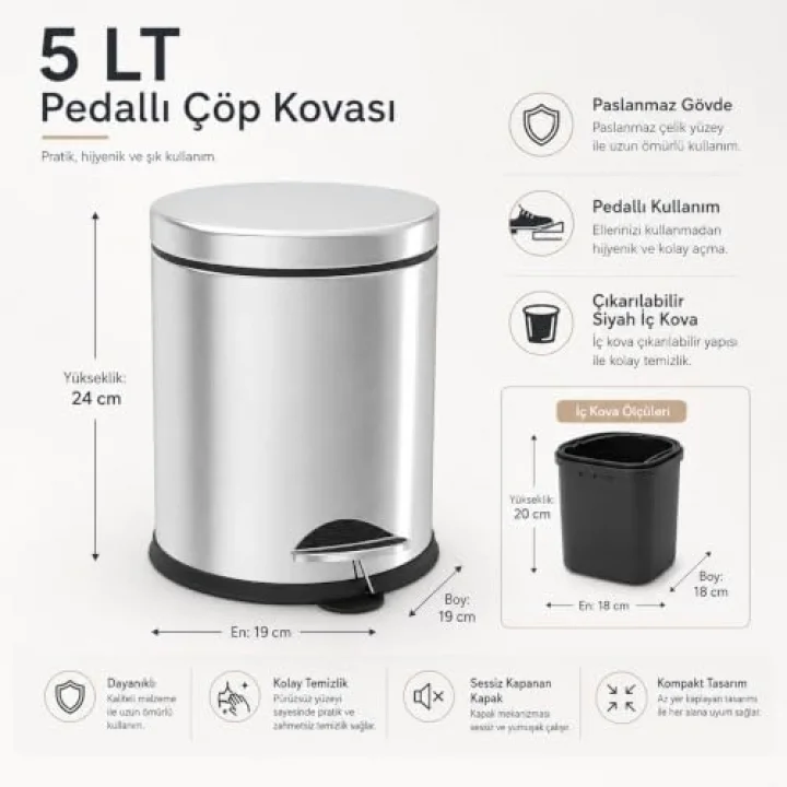 Krom 5 Lt Micro Pedallı Çöp Kovası