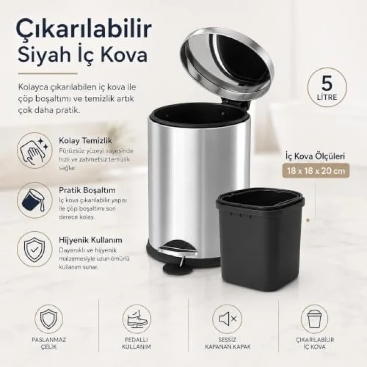 Krom 5 Lt Micro Pedallı Çöp Kovası