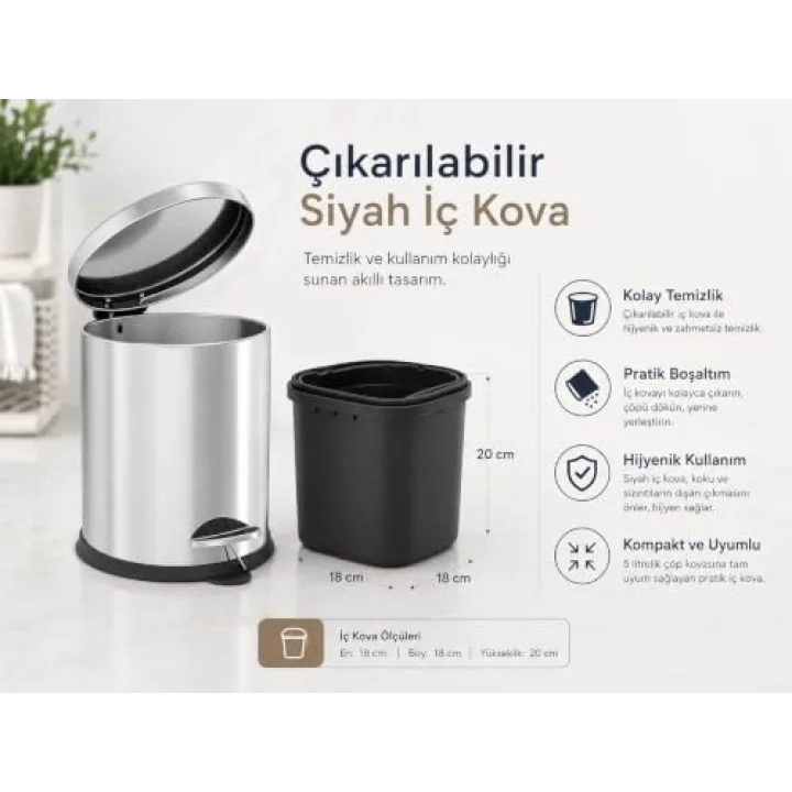 Krom 5 Lt Micro Pedallı Çöp Kovası