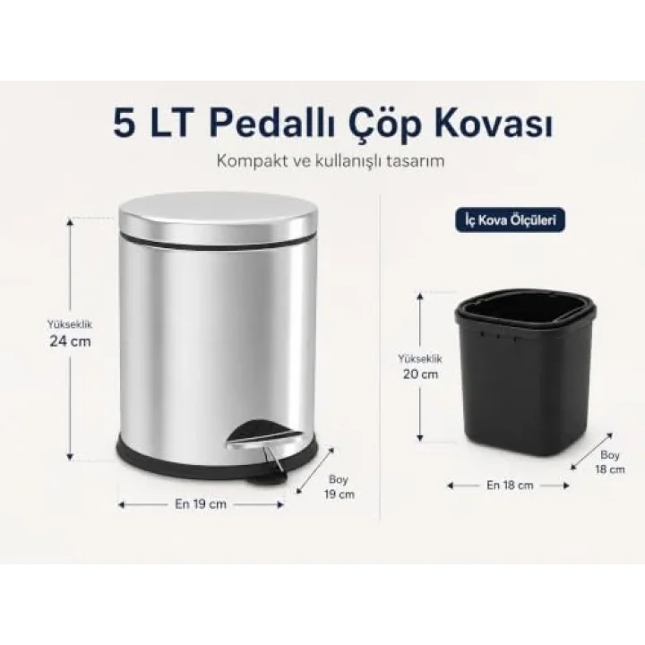 Krom 5 Lt Micro Pedallı Çöp Kovası