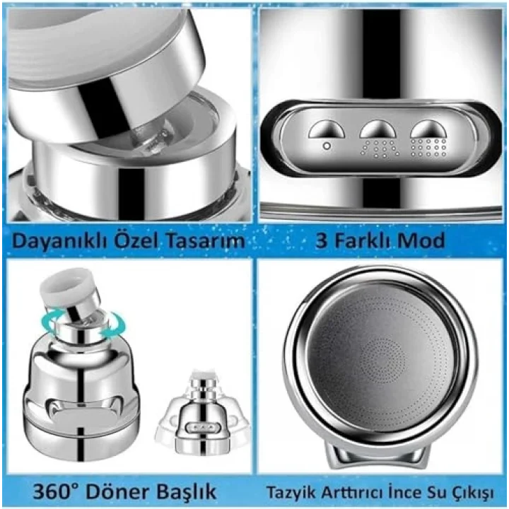 Krom Fonksiyonlu Tasarruflu Oynar Başlıklı Eviye Musluk Spiral Batarya Ucu