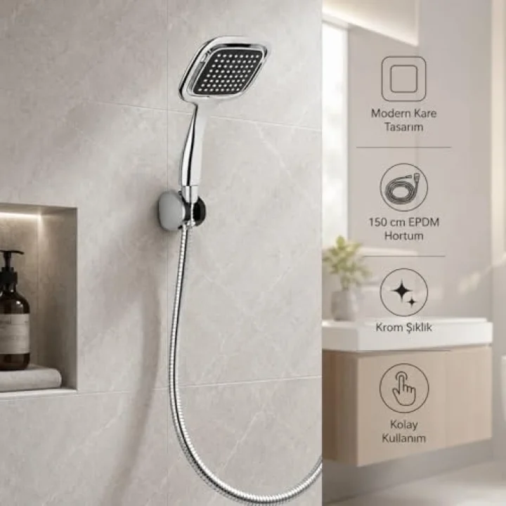 Krom Kare Duş Seti, Kare El Duş Başlığı, Krom Mafsal ve 150 cm EPDM Duş Hortumu, Parlak Krom Kaplama Banyo Duş Takımı, Esnek ve Dayanıklı Duş Seti