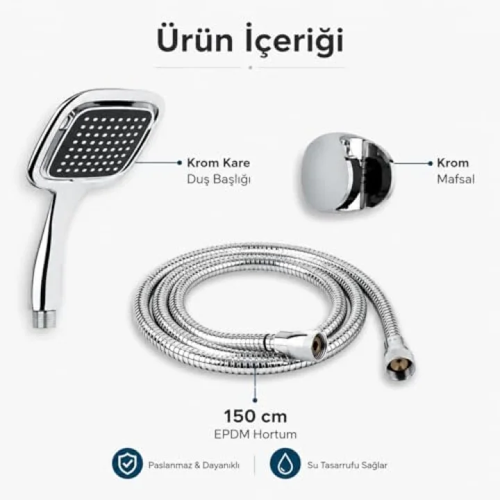 Krom Kare Duş Seti, Kare El Duş Başlığı, Krom Mafsal ve 150 cm EPDM Duş Hortumu, Parlak Krom Kaplama Banyo Duş Takımı, Esnek ve Dayanıklı Duş Seti