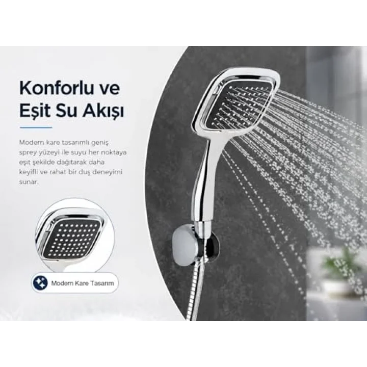 Krom Kare Duş Seti, Kare El Duş Başlığı, Krom Mafsal ve 150 cm EPDM Duş Hortumu, Parlak Krom Kaplama Banyo Duş Takımı, Esnek ve Dayanıklı Duş Seti