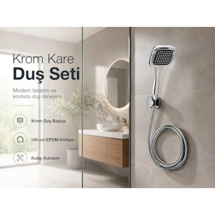 Krom Kare Duş Seti, Kare El Duş Başlığı, Krom Mafsal ve 150 cm EPDM Duş Hortumu, Parlak Krom Kaplama Banyo Duş Takımı, Esnek ve Dayanıklı Duş Seti