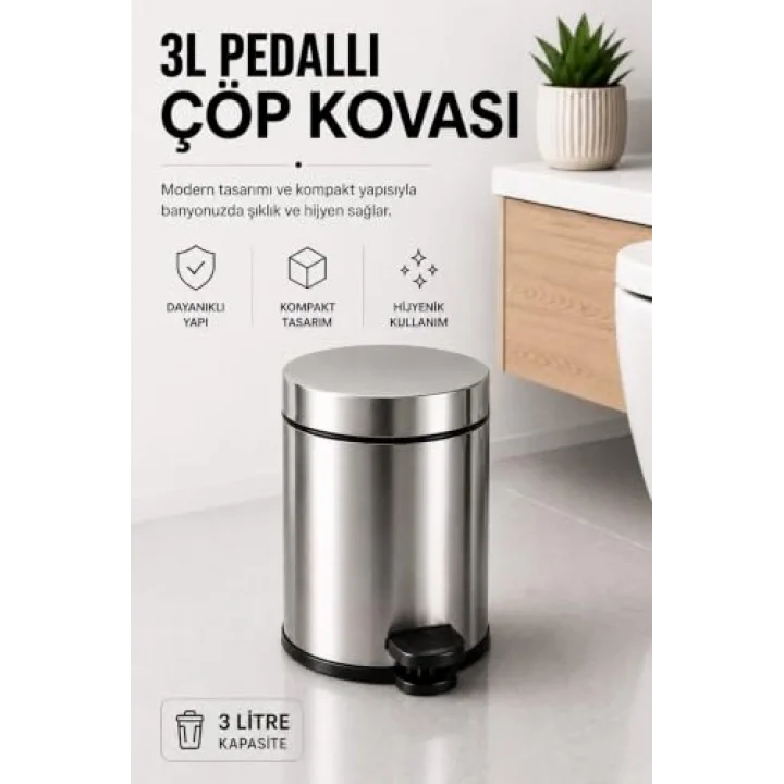 Krom Pedallı Çöp Kovası 3 Lt Eko