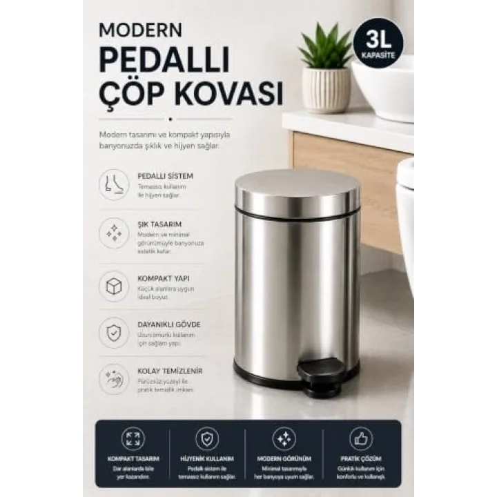Krom Pedallı Çöp Kovası 3 Lt Eko