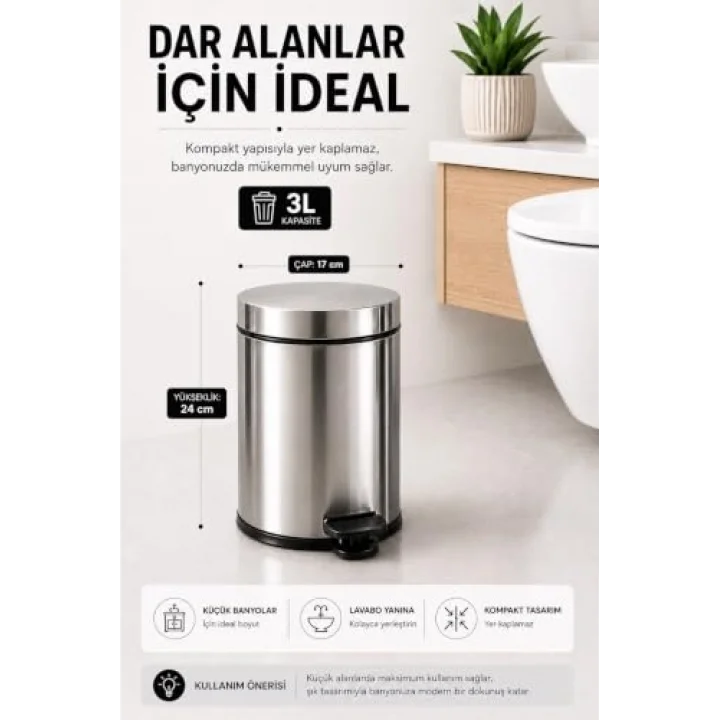 Krom Pedallı Çöp Kovası 3 Lt Eko