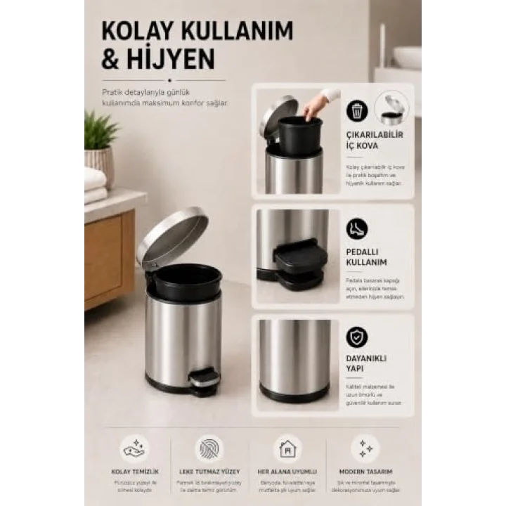 Krom Pedallı Çöp Kovası 3 Lt Eko