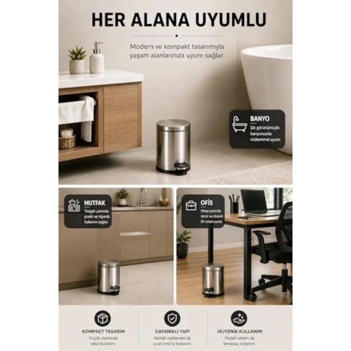 Krom Pedallı Çöp Kovası 3 Lt Eko