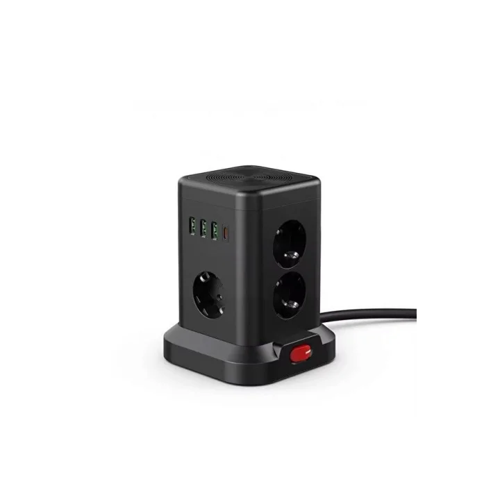 Kule Tipi Çoklu Priz - 3 USB-A + 1 Type-C Çıkışlı, Akım Korumalı, Tek Tuş Kontrollü Masaüstü Priz