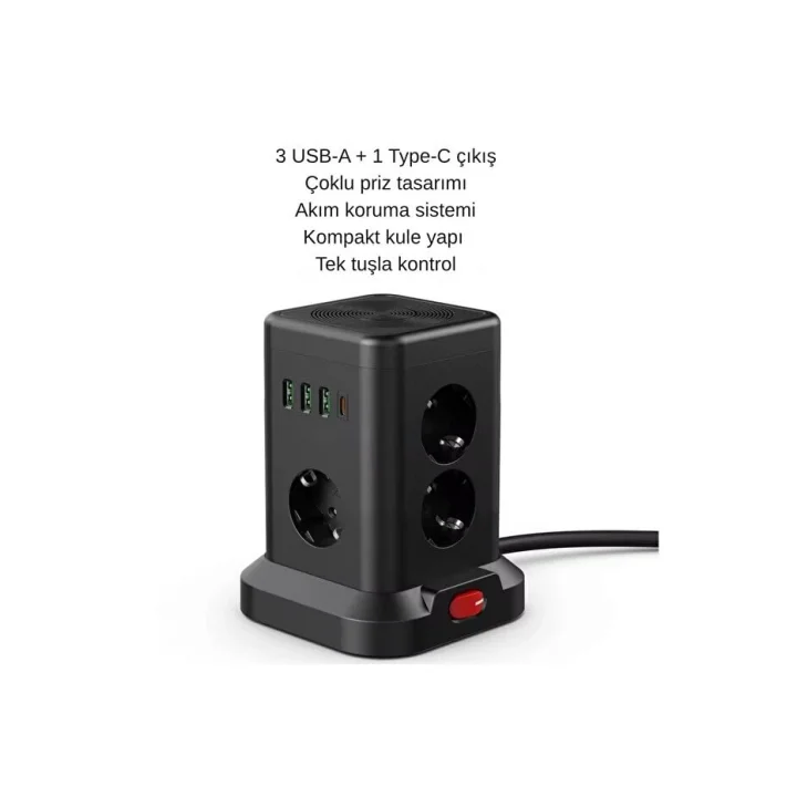 Kule Tipi Çoklu Priz - 3 USB-A + 1 Type-C Çıkışlı, Akım Korumalı, Tek Tuş Kontrollü Masaüstü Priz