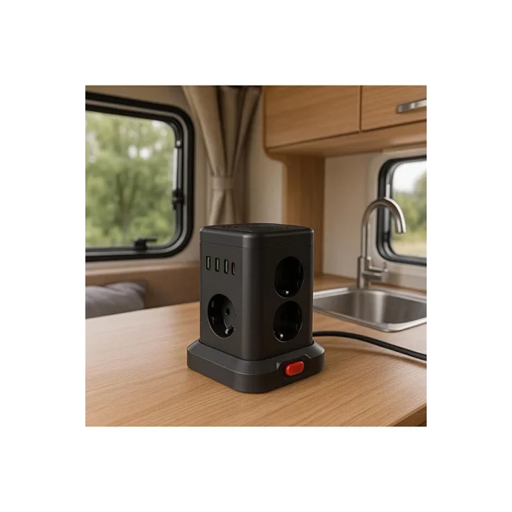 Kule Tipi Çoklu Priz - 3 USB-A + 1 Type-C Çıkışlı, Akım Korumalı, Tek Tuş Kontrollü Masaüstü Priz