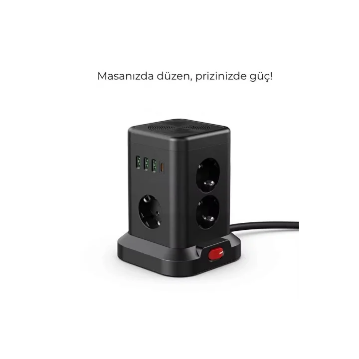 Kule Tipi Çoklu Priz - 3 USB-A + 1 Type-C Çıkışlı, Akım Korumalı, Tek Tuş Kontrollü Masaüstü Priz