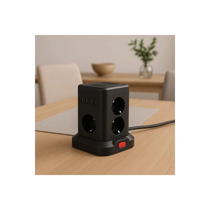Kule Tipi Çoklu Priz - 3 USB-A + 1 Type-C Çıkışlı, Akım Korumalı, Tek Tuş Kontrollü Masaüstü Priz
