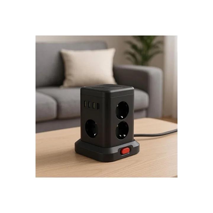 Kule Tipi Çoklu Priz - 3 USB-A + 1 Type-C Çıkışlı, Akım Korumalı, Tek Tuş Kontrollü Masaüstü Priz