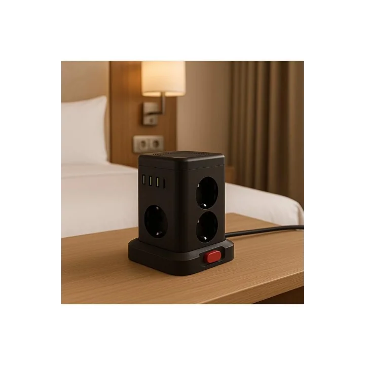 Kule Tipi Çoklu Priz - 3 USB-A + 1 Type-C Çıkışlı, Akım Korumalı, Tek Tuş Kontrollü Masaüstü Priz