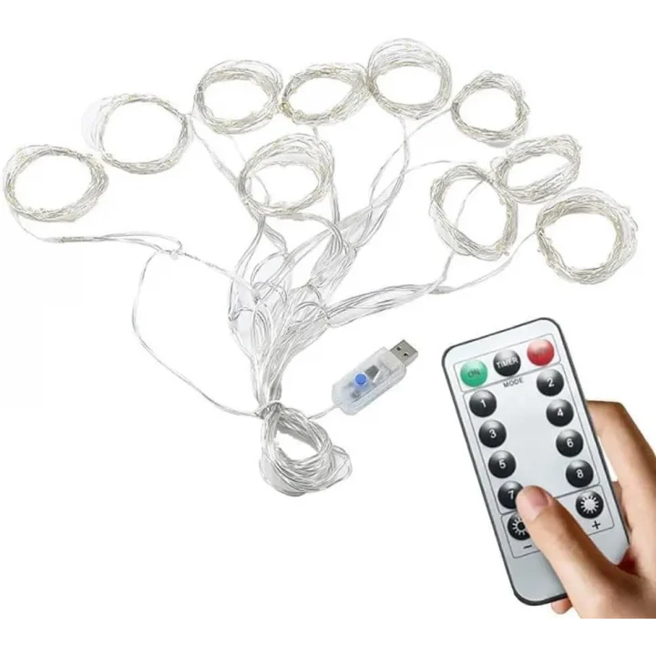 Kumandalı Peri Tel LED Aydınlatma 300 LEDLİ Perde Işık 10 Saçaklı 3x3 Metre Dekoratif Duvar Işığı USB Kablolu (RGB Çok Renkli)