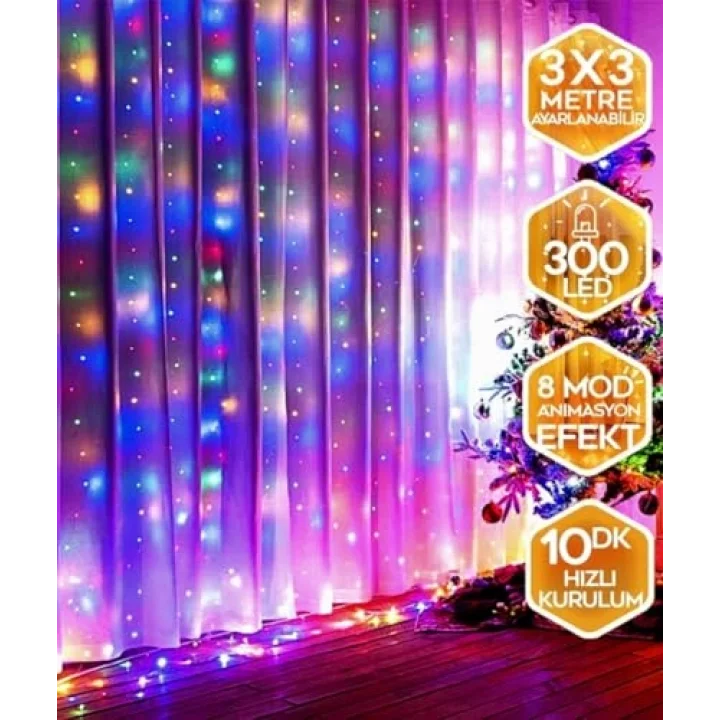 Kumandalı Peri Tel LED Aydınlatma 300 LEDLİ Perde Işık 10 Saçaklı 3x3 Metre Dekoratif Duvar Işığı USB Kablolu (RGB Çok Renkli)