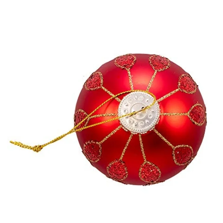 Kurt Adler 80 mm Parlak Desenli Cam Top, 6 Parça Kutu Süsleme, kırmızı, altın