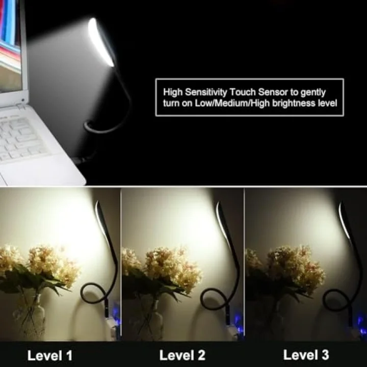 Kyrotech 3 Mod Seviyeli Dokunmatik USB LED Masa Lambası, 14 LED Beyaz Işık, Ayarlanabilir Parlaklık, Kitap Okuma Lambası, Çalışma Masası Ofis Lambası, PC, Laptop Uyumlu, Gece Lambası