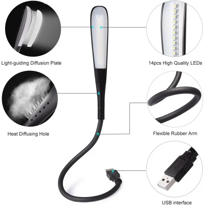 Kyrotech 3 Mod Seviyeli Dokunmatik USB LED Masa Lambası, 14 LED Beyaz Işık, Ayarlanabilir Parlaklık, Kitap Okuma Lambası, Çalışma Masası Ofis Lambası, PC, Laptop Uyumlu, Gece Lambası