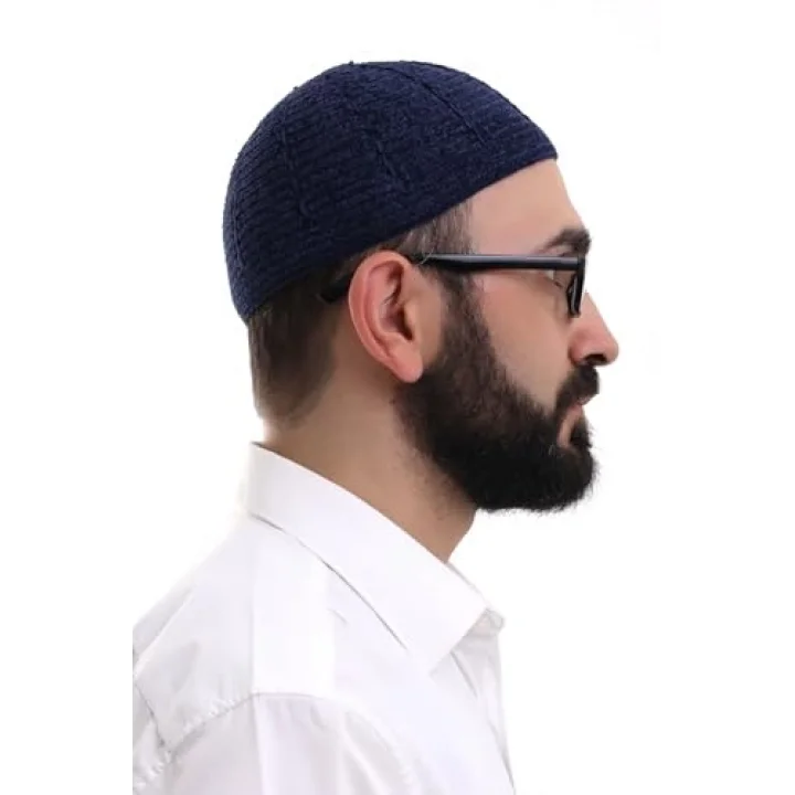 Lacivert Kışlık Sade Desenli Kadife Namaz Takkesi