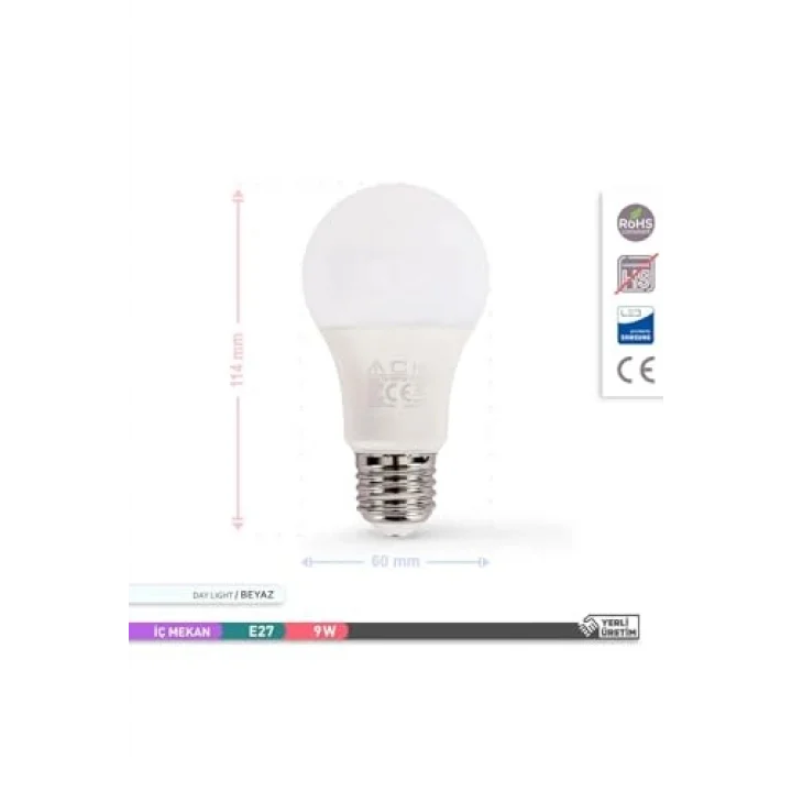 Led Ampül Beyaz 9w 6500k E27 A60 880 Lumen