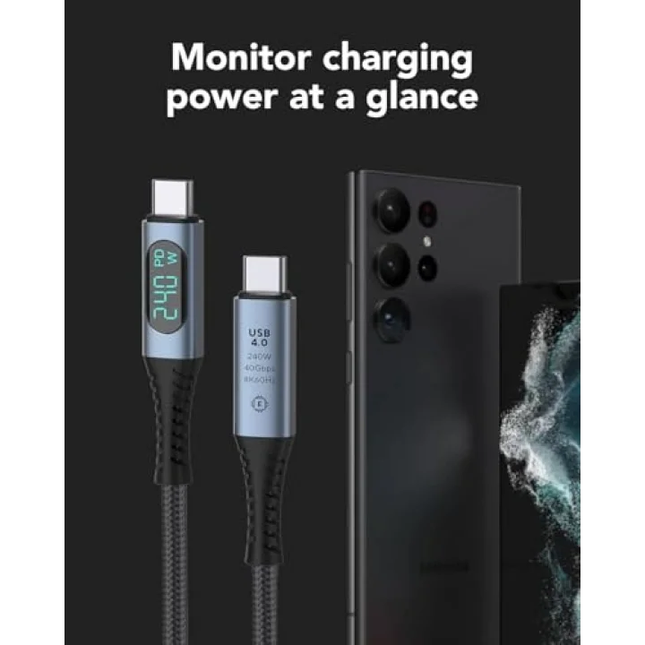 LED Ekranlı 240W USB C - USB C Hızlı Şarj Kablosu, (48V/5A) USB-C PD 3.1, Naylon Örgülü Tip C Erkek - Erkek Kablo Kablosu, MacBook Pro/Air/iPad/Google/HP/Lenovo/Samsung için Dizüstü Veri Kablosu