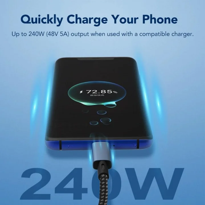 LED Ekranlı 240W USB C - USB C Hızlı Şarj Kablosu, (48V/5A) USB-C PD 3.1, Naylon Örgülü Tip C Erkek - Erkek Kablo Kablosu, MacBook Pro/Air/iPad/Google/HP/Lenovo/Samsung için Dizüstü Veri Kablosu