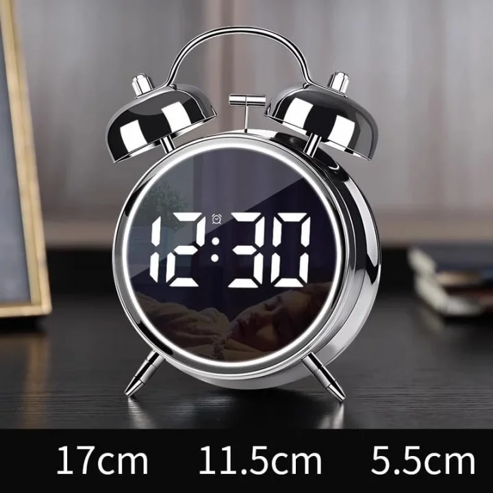 LED Ekranlı Analog Alarmlı Masa Saati Çalar Saat Pil Dereceli Çift Alarmlı Dijital Saat Gümüş