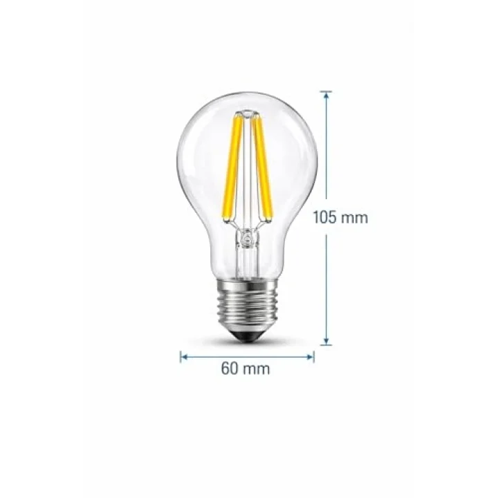 LED Filament Ampul 6.5W (60W Eşdeğer) 2700K Sarı Işık 806 Lümen E27 Duy – 3’lü Paket – E Enerji Sınıfı – 360° Işık – 105x60 mm – Dimmer Uyumlu Değil