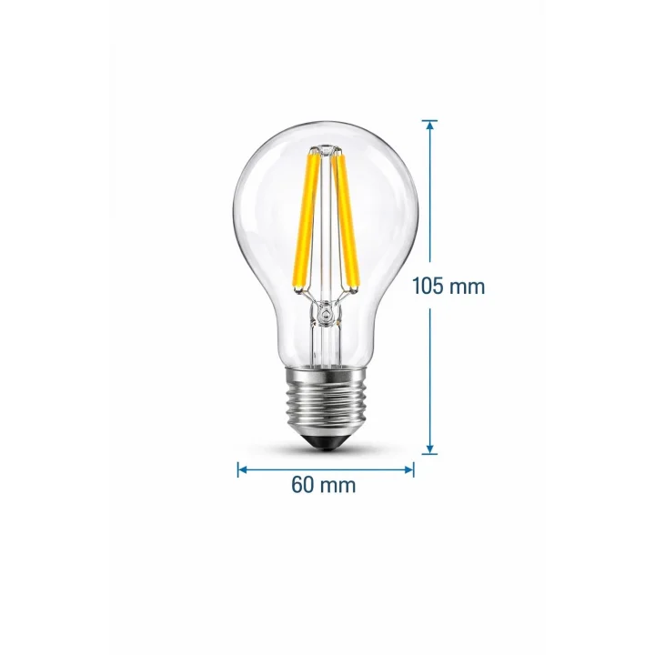 LED Filament Ampul 6.5W (60W Eşdeğer) 2700K Sarı Işık 806 Lümen E27 Duy – 3’lü Paket – E Enerji Sınıfı – 360° Işık – 105x60 mm – Dimmer Uyumlu Değil