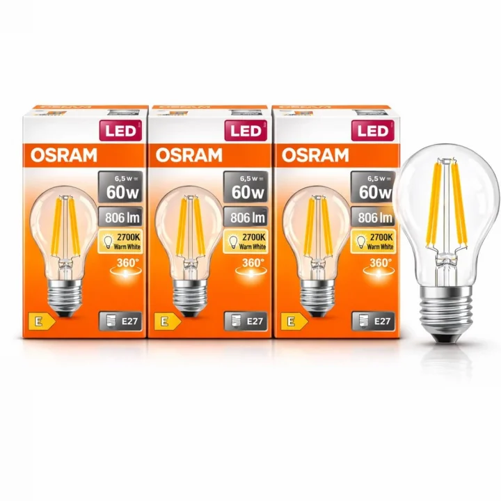LED Filament Ampul 6.5W (60W Eşdeğer) 2700K Sarı Işık 806 Lümen E27 Duy – 3’lü Paket – E Enerji Sınıfı – 360° Işık – 105x60 mm – Dimmer Uyumlu Değil