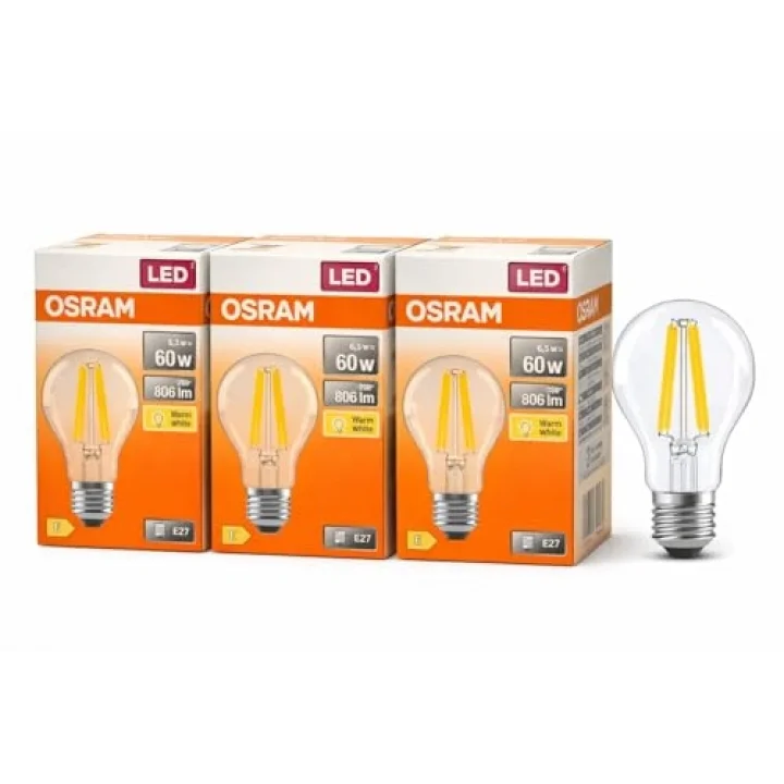 LED Filament Ampul 6.5W (60W Eşdeğer) 2700K Sarı Işık 806 Lümen E27 Duy – 3’lü Paket – E Enerji Sınıfı – 360° Işık – 105x60 mm – Dimmer Uyumlu Değil