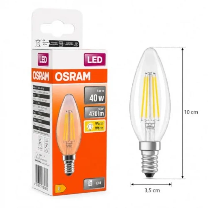 LED Filament Mum Ampul E14 4W 470 Lümen 2700K Sarı Işık 40W Eşdeğeri Şeffaf Cam Dim Edilemez 4lü Paket