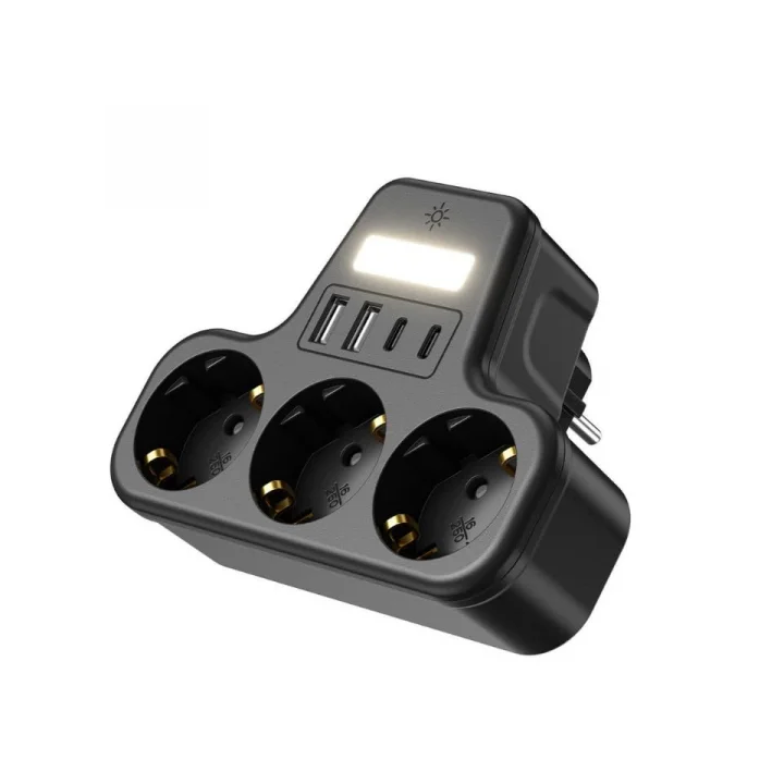 LED Gece Işıklı 3680 W Priz Adaptörü - 3lü Akım Korumalı Priz + 2 USB ve 2 Type-C Girişli, Kablosuz Duvar Tipi Çoklu Şarj Adaptörü, Kısa Devre Koruma, Kompakt Tasarım