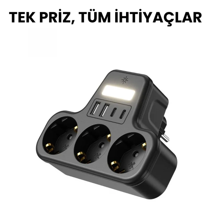 LED Gece Işıklı 3680 W Priz Adaptörü - 3lü Akım Korumalı Priz + 2 USB ve 2 Type-C Girişli, Kablosuz Duvar Tipi Çoklu Şarj Adaptörü, Kısa Devre Koruma, Kompakt Tasarım