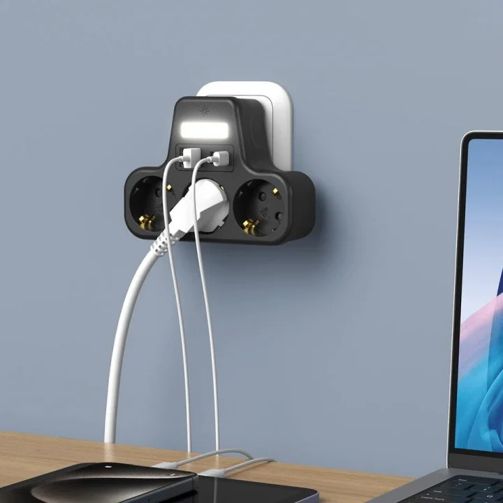 LED Gece Işıklı 3680 W Priz Adaptörü - 3lü Akım Korumalı Priz + 2 USB ve 2 Type-C Girişli, Kablosuz Duvar Tipi Çoklu Şarj Adaptörü, Kısa Devre Koruma, Kompakt Tasarım