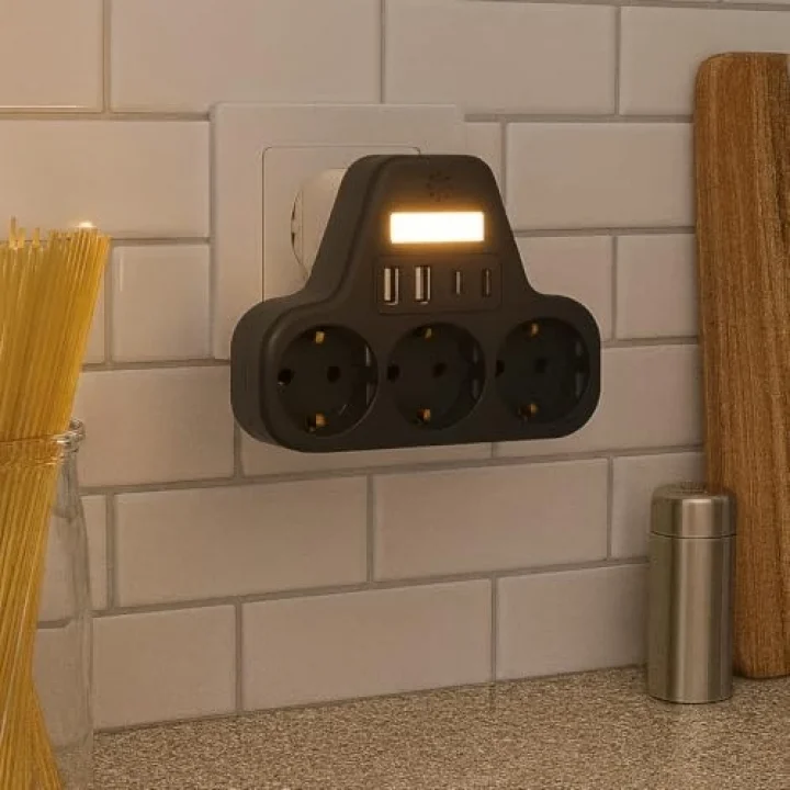 LED Gece Işıklı 3680 W Priz Adaptörü - 3lü Akım Korumalı Priz + 2 USB ve 2 Type-C Girişli, Kablosuz Duvar Tipi Çoklu Şarj Adaptörü, Kısa Devre Koruma, Kompakt Tasarım